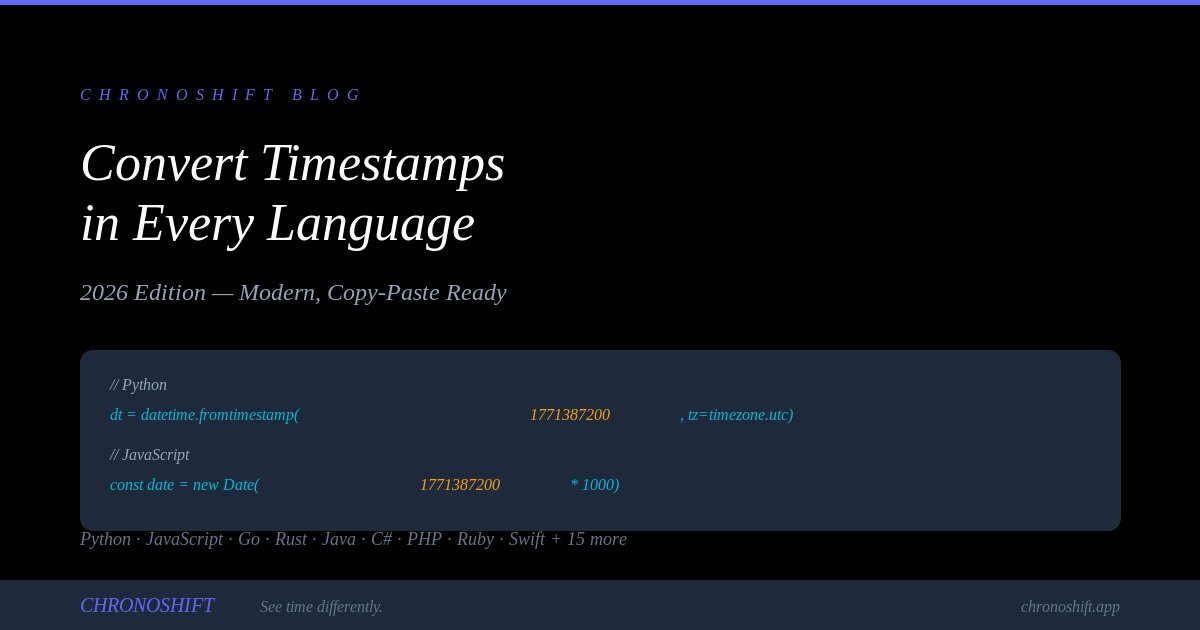 Code editor showing timestamp conversion in multiple programming languages