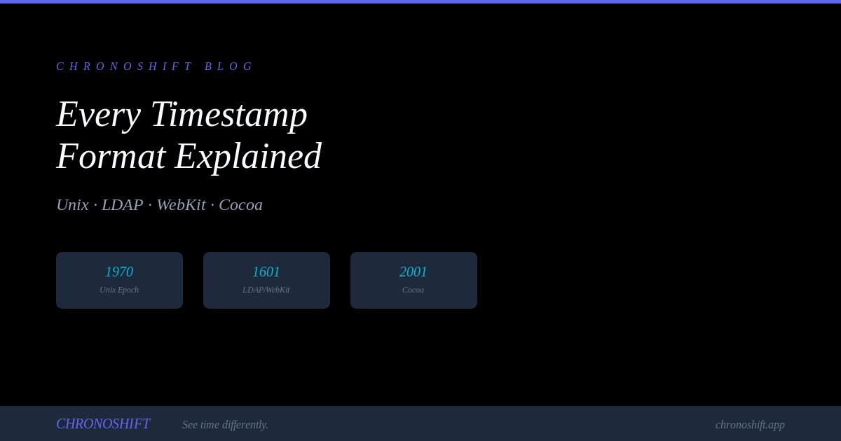 Timeline showing different epoch origins for Unix, LDAP, WebKit, and Cocoa timestamp formats